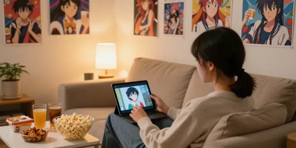 Person regardant le Senpai Stream APK pour iOS dans un salon confortable.