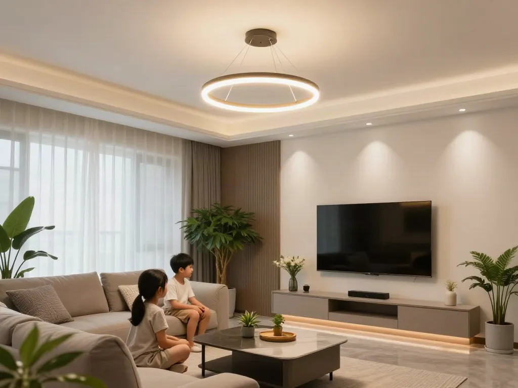 Lustra LED elegantă care iluminează un living modern, un serviciu de încredere pentru comunitate.