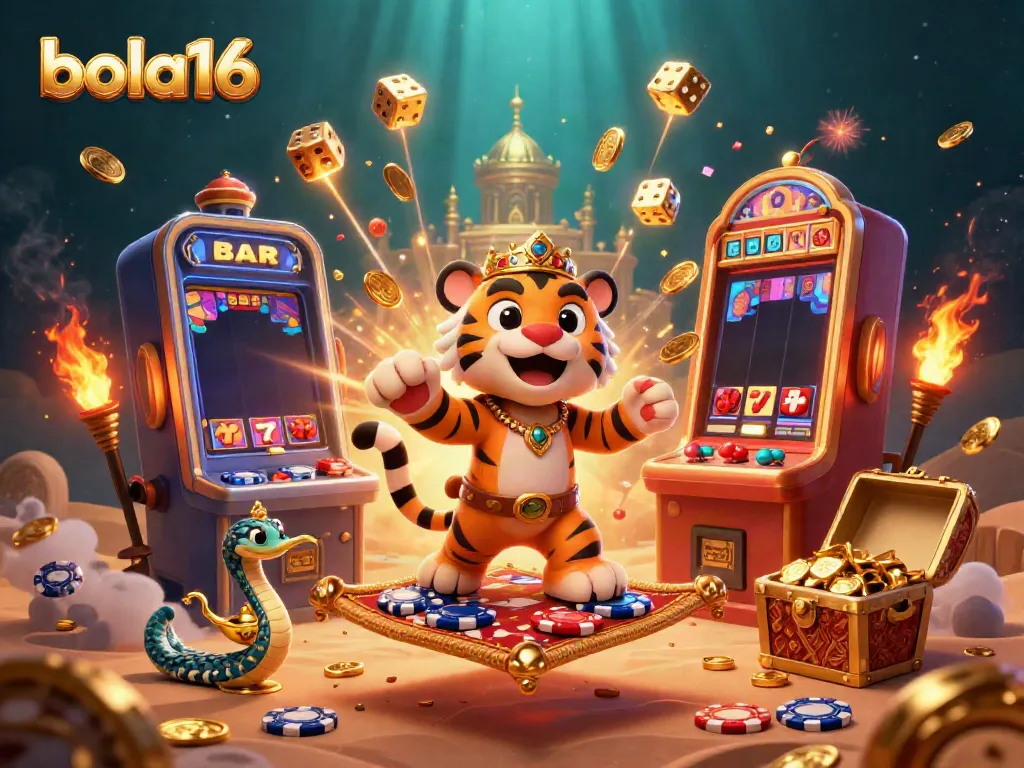 Experience the excitement of bola16 with a magical scene of a sultan on a poker chip carpet amidst casino elements.