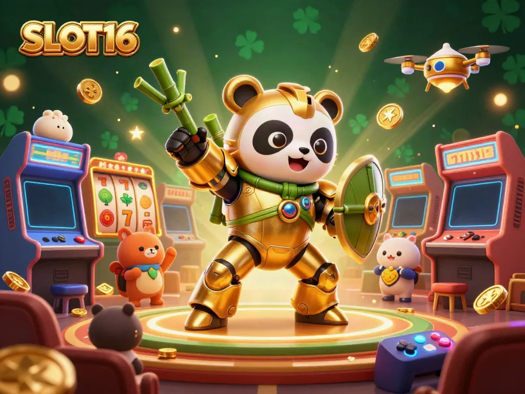 SLOT16 showcases a thrilling casino scene featuring a panda in a mech-suit amid vibrant slot reels and cheering spectators.