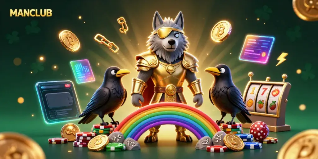 Engage with MANCLUB's thrilling casino adventure, featuring Odin and mythical characters enveloped in enchanting gaming elements.