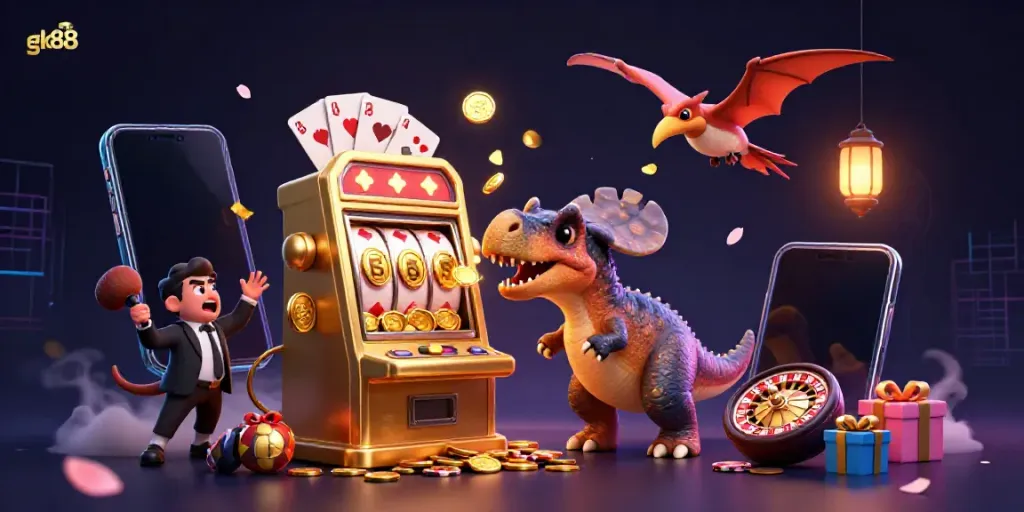 Spin to win at gk88 as a cartoon dinosaur triggers a jackpot from a golden slot machine amidst a vibrant casino scene.