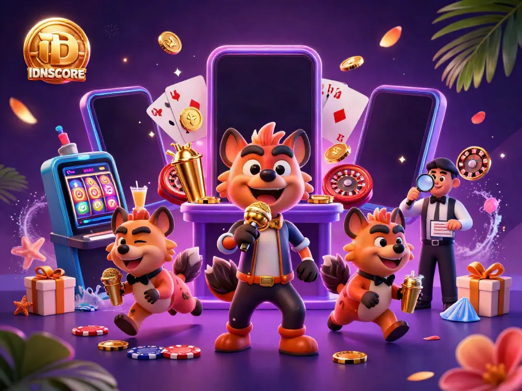 Hyenas at IDNSCORE casino, mixing drinks and checking IDs, vibrant slot game elements.