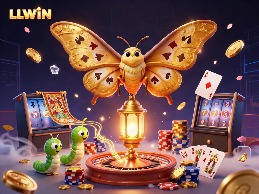 Experience the magic of LLWIN with an ultra-detailed illustration showcasing a golden moth amidst casino elements.