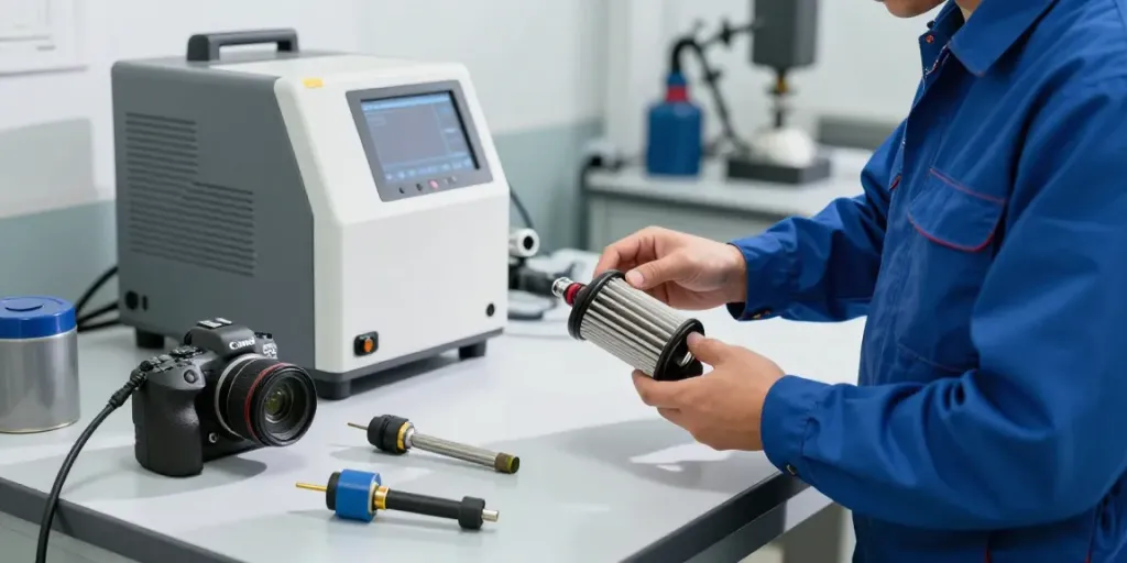 DPF Reinigung Hannover in einer professionellen Werkstatt mit Techniker und Reinigungsgeräten.