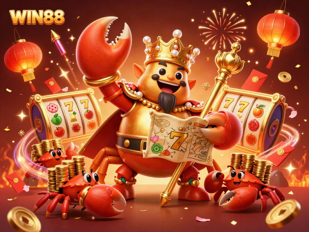WIN88: Celebrate big wins with a golden crab emperor and vibrant casino elements in a festive scene.