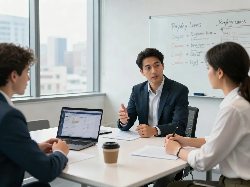 Financial advisor explaining payday loan options at https://alberta.paydayloans-on.ca in a professional setting.