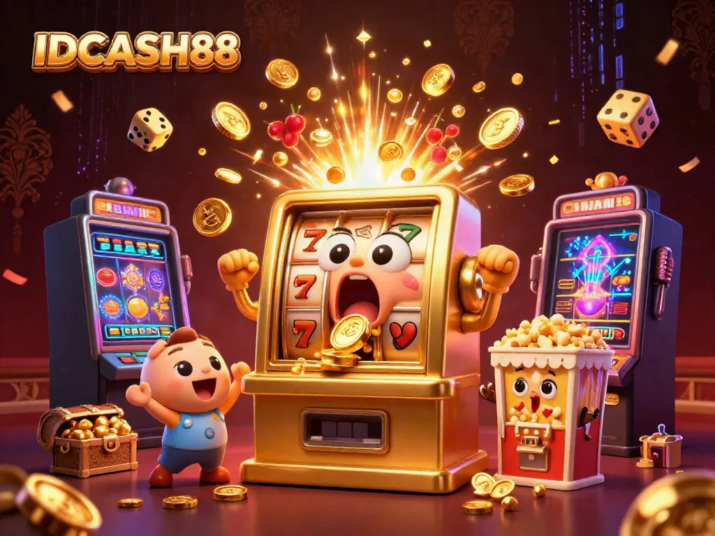 Engaging scene with IDCASH88 slot machine hitting a jackpot, surrounded by winning game elements and cheering companions.