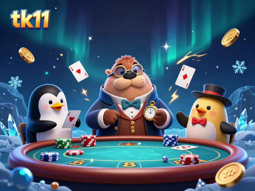 Engage in thrilling poker with tk11 as a walrus, penguin dealer, and pufferfish player ace the game.