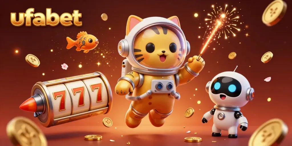 Experience the vibrant ufabet scene with a space astronaut cat, robot dog, and dynamic casino elements.