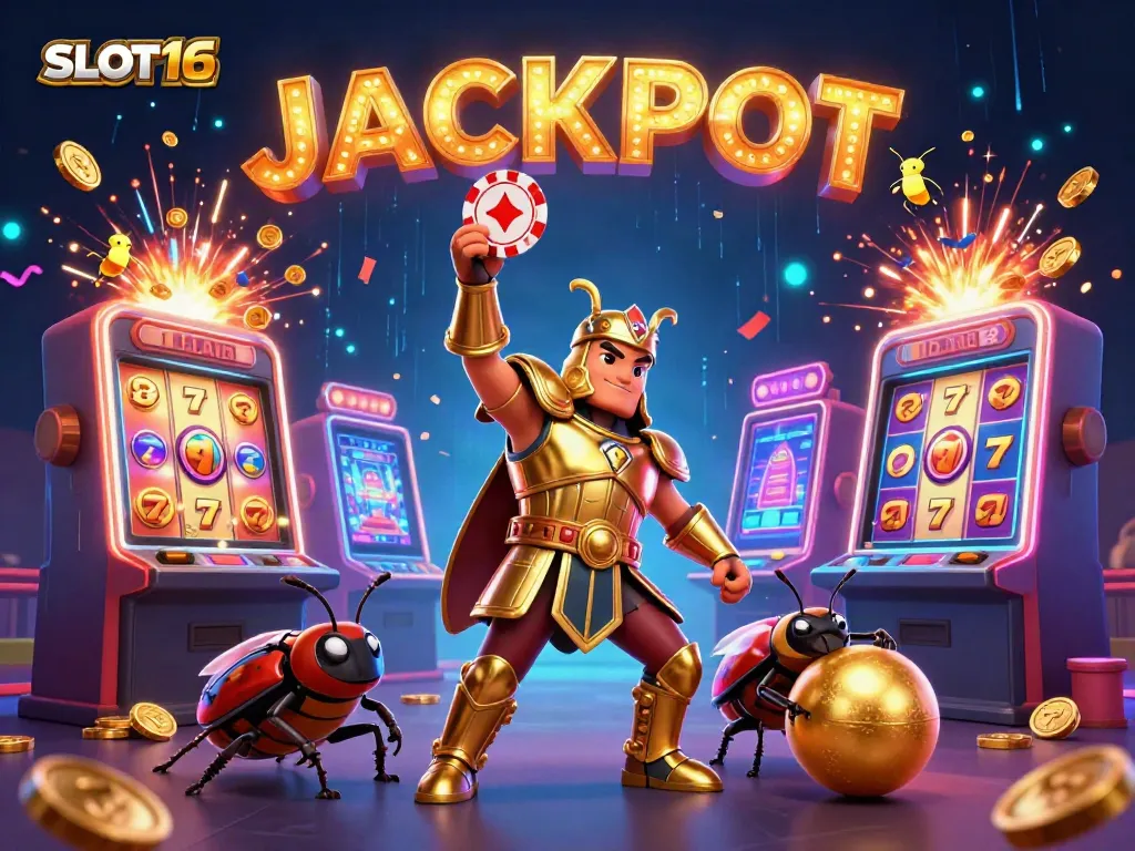Celebrate the big win with SLOT16 featuring a heroic beetle lifting a poker chip amidst a vibrant casino scene.