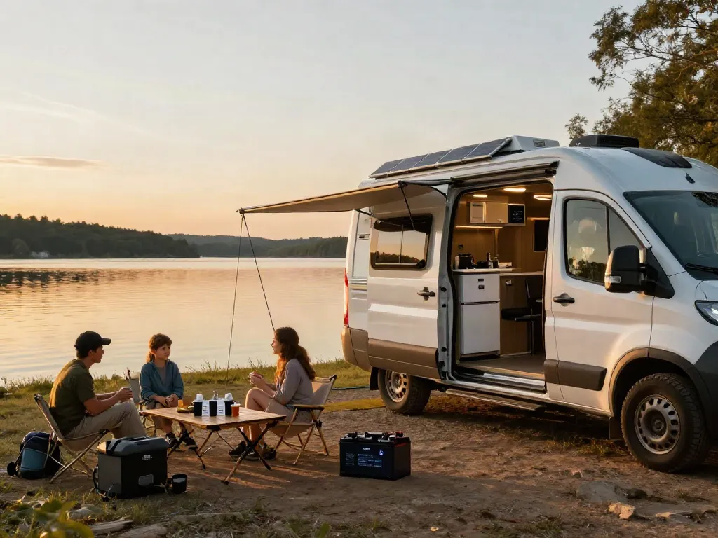 Lithium RV batteries powering a camper van by a scenic lakeside, enhancing off-grid camping.