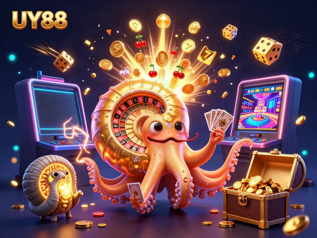 Experience the exciting world of UY88 with vibrant jackpot elements, casino games, and engaging characters.