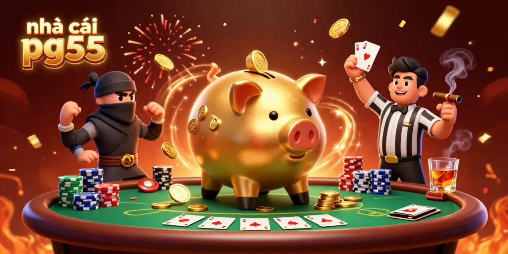 Join the fun with nhà cái pg55's golden piggy bank sumo wrestler in an exhilarating poker showdown!
