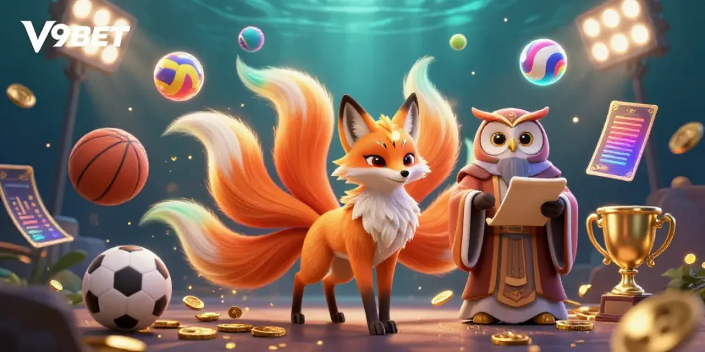 Experience the thrill of V9BET with a vibrant illustration of a nine-tailed fox and wise owl, showcasing dynamic sports elements.