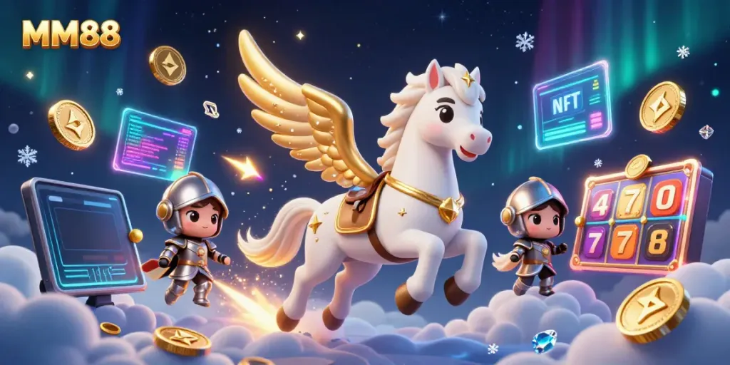 Engage with MM88 through stunning digital slots, featuring majestic winged horse and knight characters.