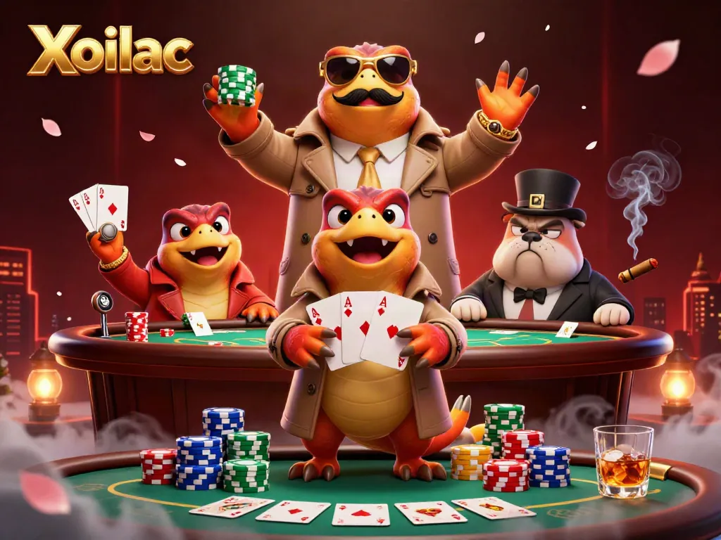 Xoilac raptors in trench coat enter VIP casino, colorful poker elements surround them