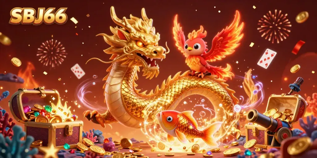 Engage in thrilling gameplay with SBJ66's vibrant casino experience featuring a dragon, phoenix, and koi fish.