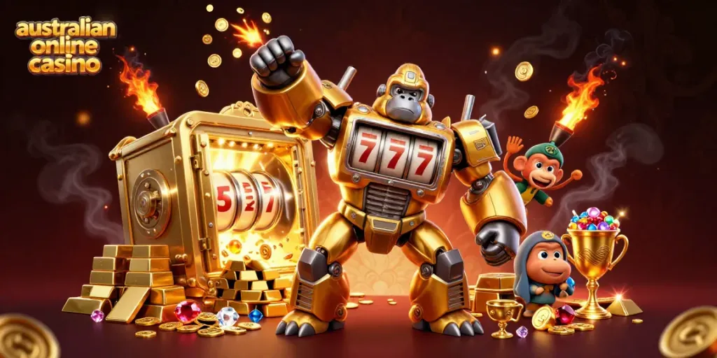 Engaging scene showcasing an australian online casino theme with a golden gorilla mech, overflowing treasure, and dynamic elements.