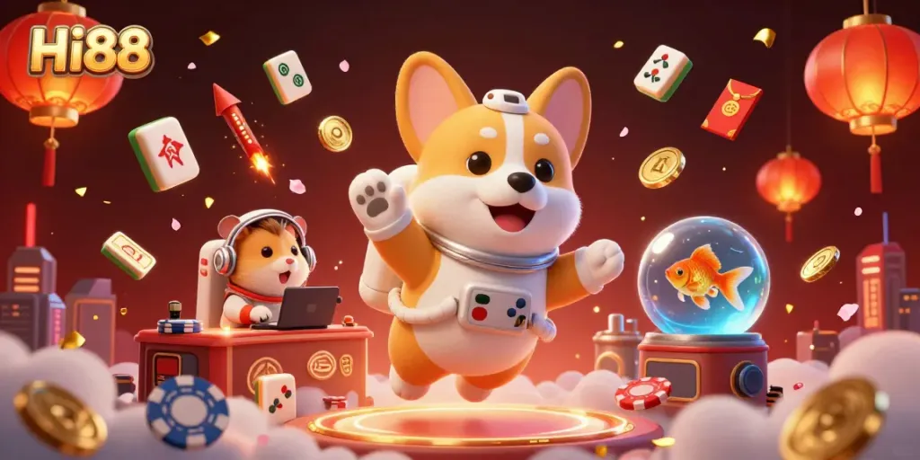 Engage with the fun of Hi88 as a cartoon corgi astronaut navigates a vibrant casino scene.