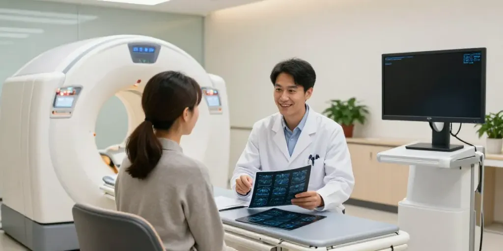 Professioneller Radiologe berät Patient über Untersuchungsergebnisse im Diagnostikzentrum Wolfsburg.