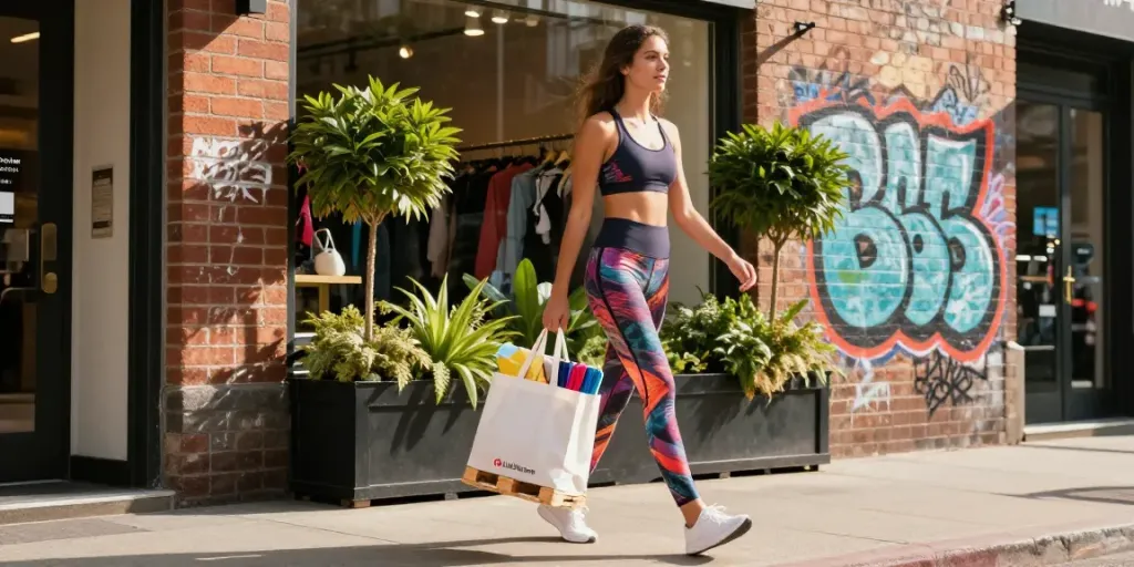 Youthful woman showcasing Lululemon liquidation pallets athletic wear against a vibrant urban backdrop.
