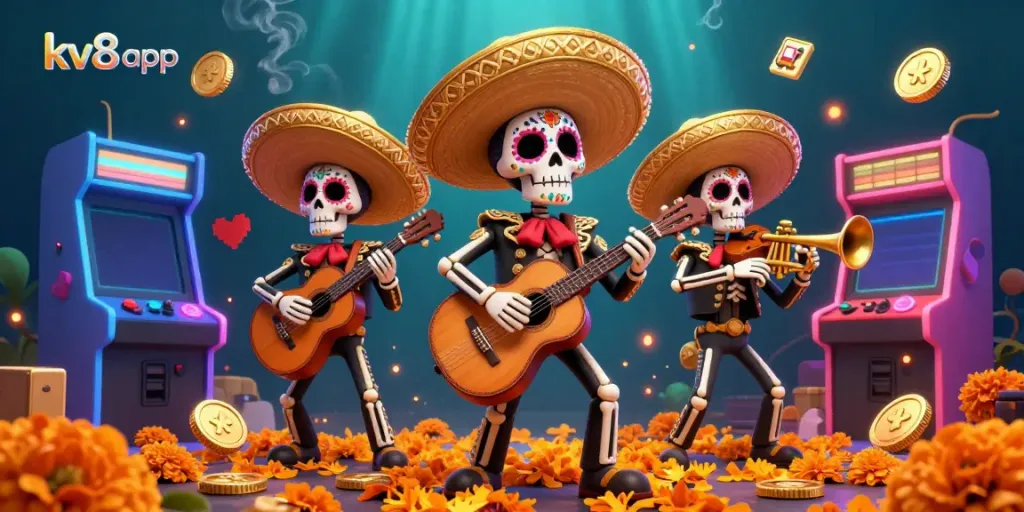 Experience the thrill of the kv8 app in a vivid, dynamic casino scene with Day of the Dead characters and vibrant gaming elements.