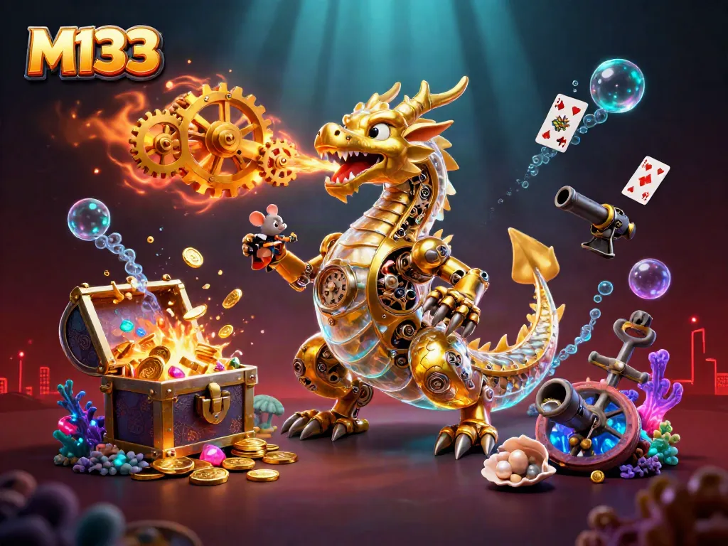 Engage in M133 gaming excitement with a golden dragon and treasure backdrop.