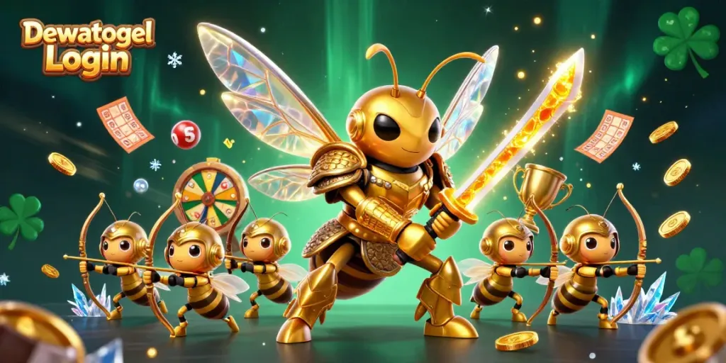 Dewatogel Login engages players with a captivating scene of a hornet and bee archers in a lottery-themed illustration.