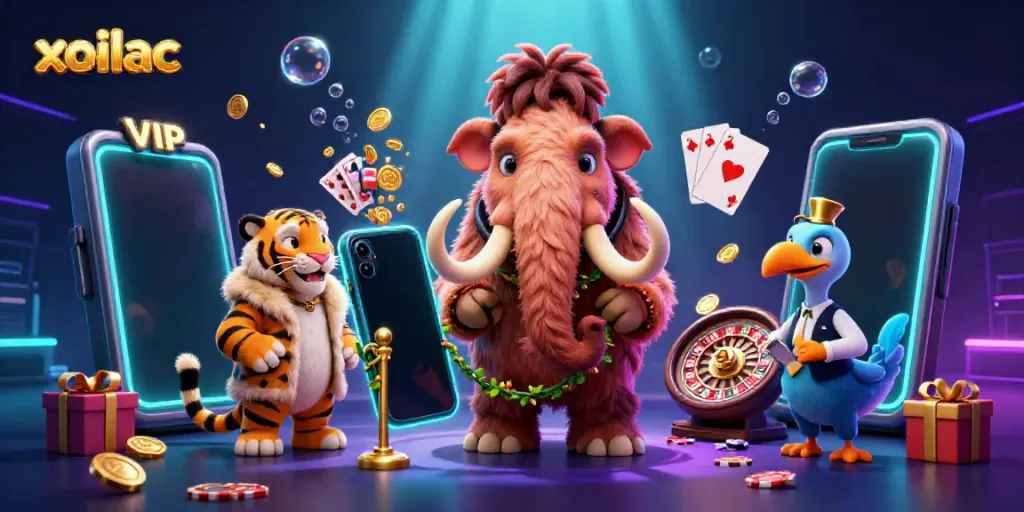 Xoilac offers a dynamic gaming experience with engaging characters and vibrant casino elements scattering around.