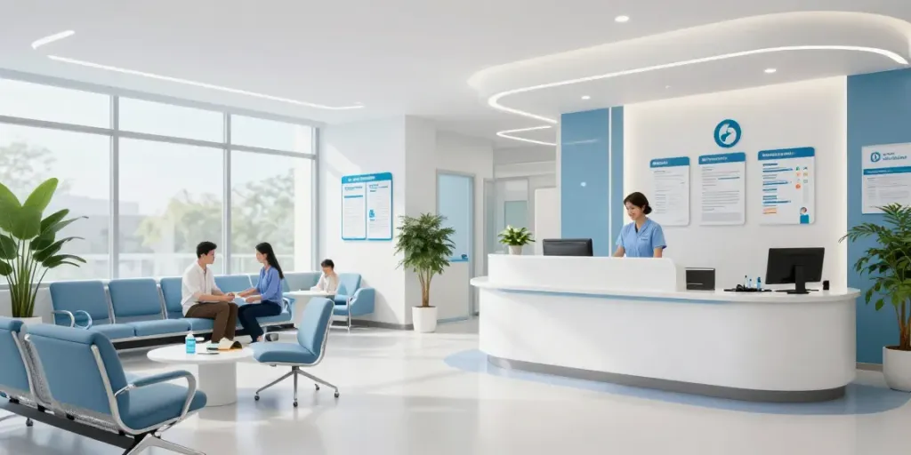 Modern healthcare clinic reception emphasizing patient care and comfort in a mazdu healthcare setting.