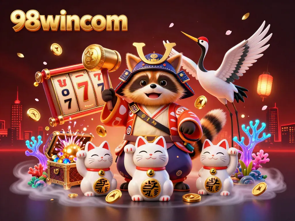 Engage in 98wincom's vibrant carnival of fun with a cartoon raccoon, samurai crane, and waving fortune cats.