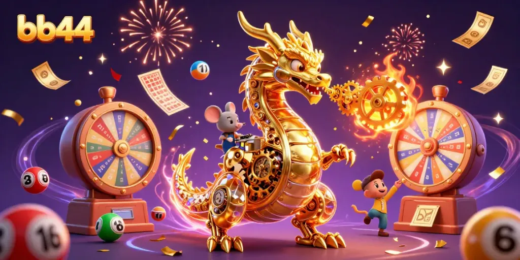 Celebrate big wins at bb44 with an animated golden dragon and a lively lottery scene.