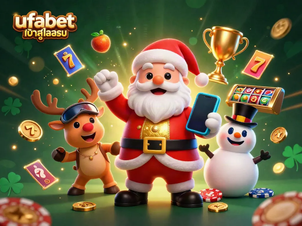 Experience festive casino fun with ufabet เข้าสู่ระบบ through Santa and friends in a vibrant 3D scene.
