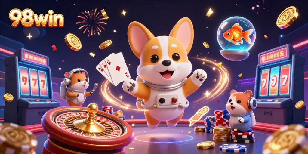 Experience the fun of 98win with a vibrant casino adventure featuring animated characters.