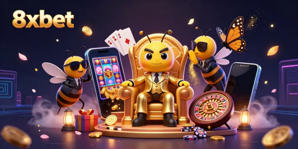 Experience excitement at 8xbet casino with a dynamic 3D scene featuring a mob boss and game elements.