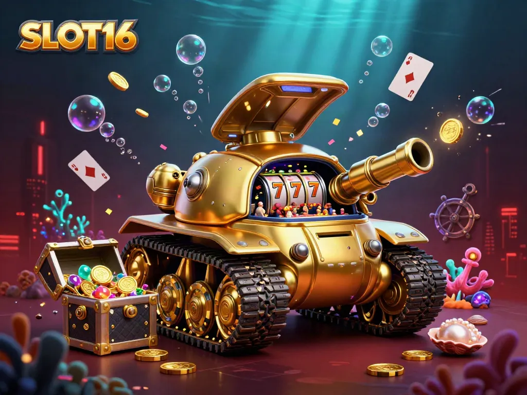 SLOT16 casino illustration depicting a golden beetle tank revealing a miniature casino surrounded by treasure and game elements.