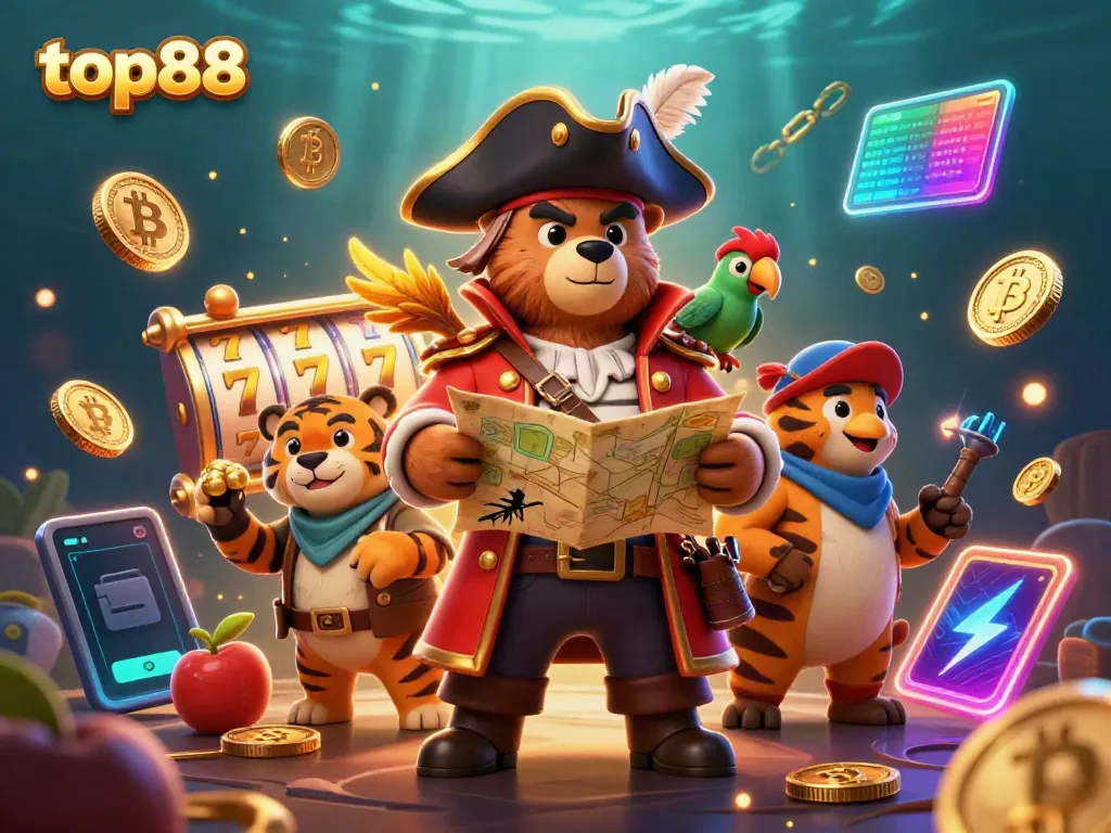 Engage in thrilling slot action with top88’s cartoon bear captain surrounded by coins and vibrant casino elements.