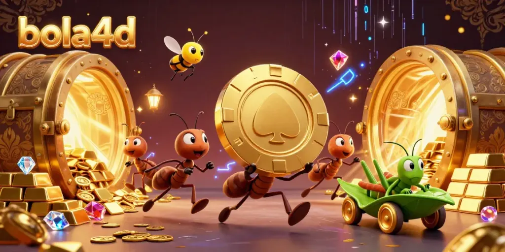 Experience the thrill of bola4d with cartoon ants heisting a massive poker chip in this vibrant illustration.