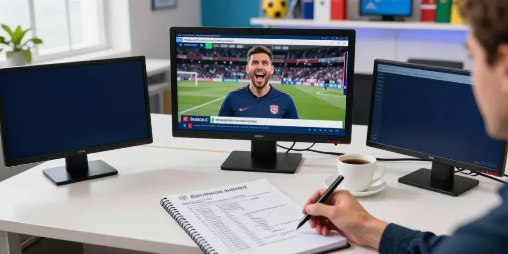 Football news reporting with dynamic updates on ข่าวกีฬาฟุตบอล and transfer rumors in an energized studio.