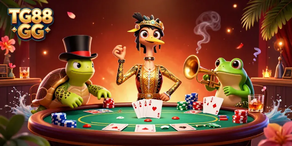 Engage with TG88 GG's vibrant poker scene showcasing a lively 3D illustration with unique characters.