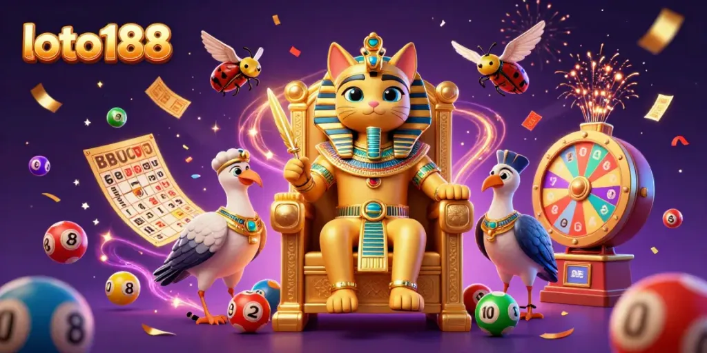 Engaging illustration showcasing loto188, featuring Egyptian pharaoh cat, lottery balls, and prize elements.