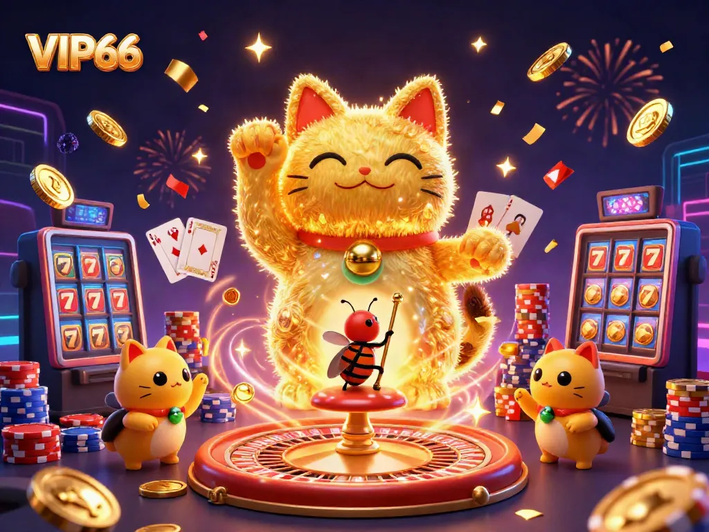 Experience the excitement of VIP66 with a vibrant illustration of a lucky cat formed by golden fireflies in a dynamic casino scene.