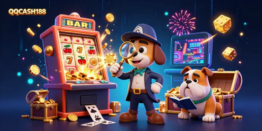Engage with QQCASH188 in this energetic 3D scene filled with vibrant casino elements, showcasing excitement and adventure.
