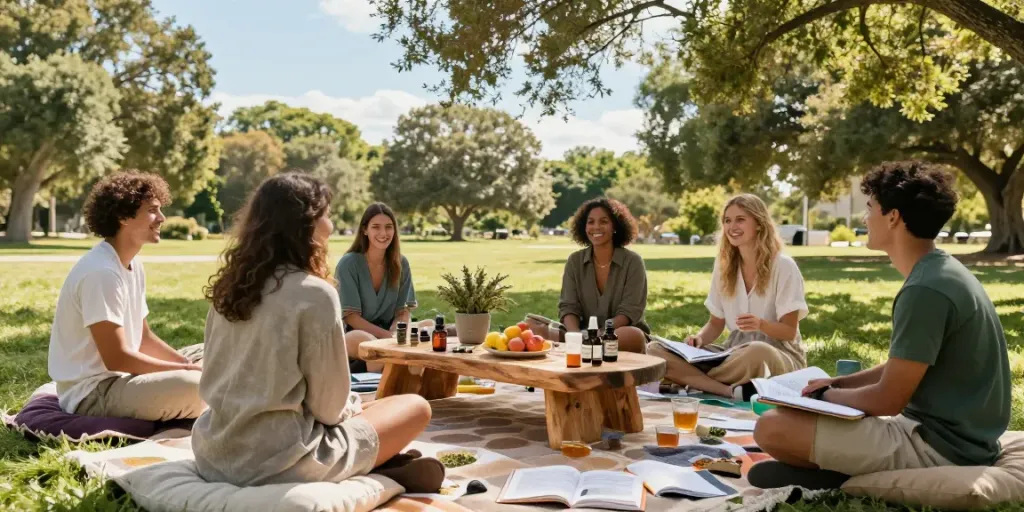 Exotic weed strains presented in a vibrant outdoor wellness gathering, highlighting quality CBD products and natural elements.