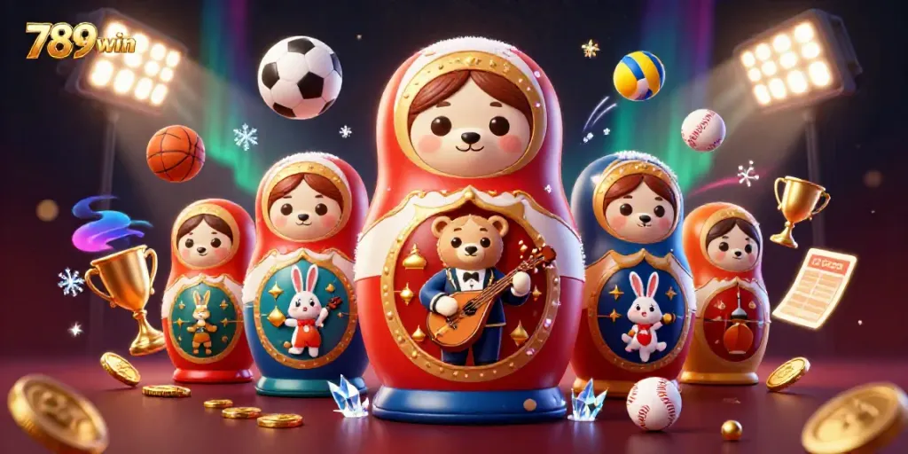 Try your luck at casino games with 789win's festive 3D illustration showcasing Matryoshka bears and vibrant gaming elements.