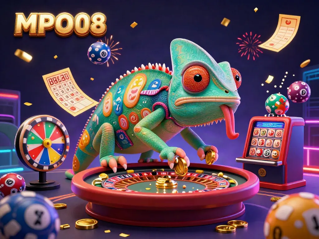 Experience the vibrant world of MPO08 with a lively casino scene featuring a cartoon chameleon and dynamic gaming elements.