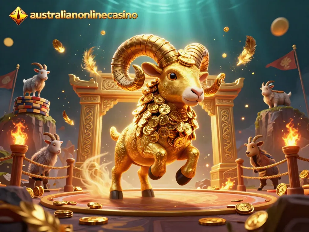 Experience thrilling action at australianonlinecasino with a golden ram charging at a majestic gate.
