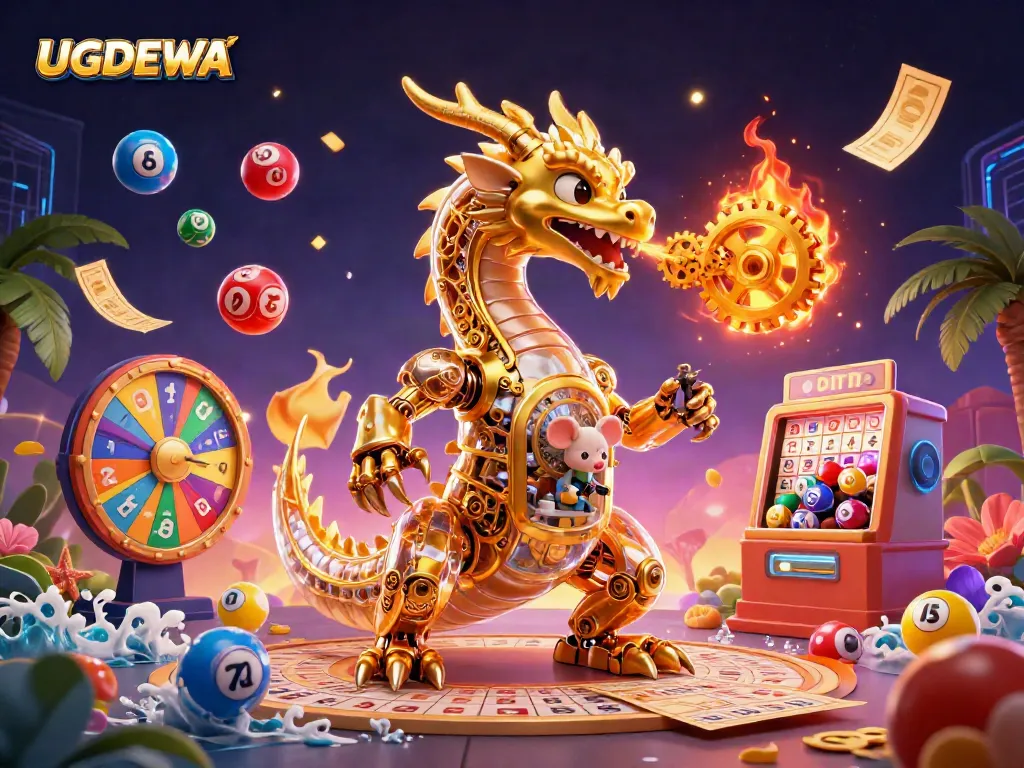 Engage with UGDEWA's dynamic gaming experience featuring a golden dragon, colorful lottery balls, and vibrant prizes.