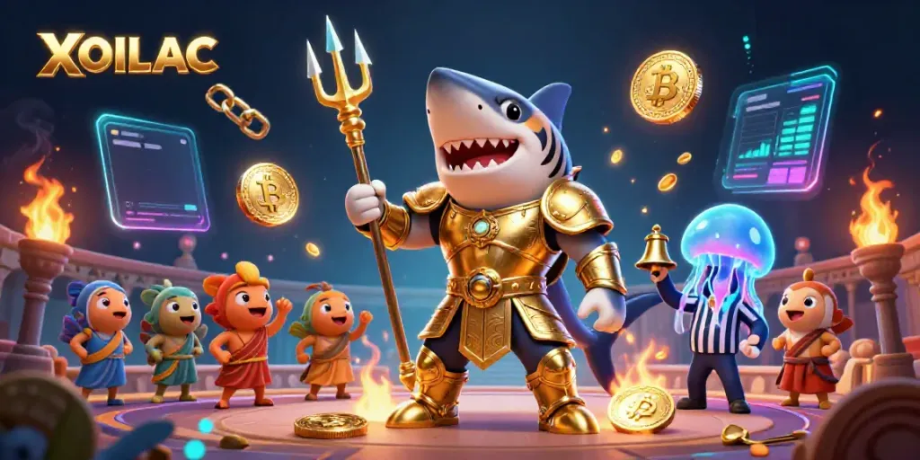 Experience thrilling casino battles at XOILAC with shark gladiators amid dazzling cryptocurrencies.